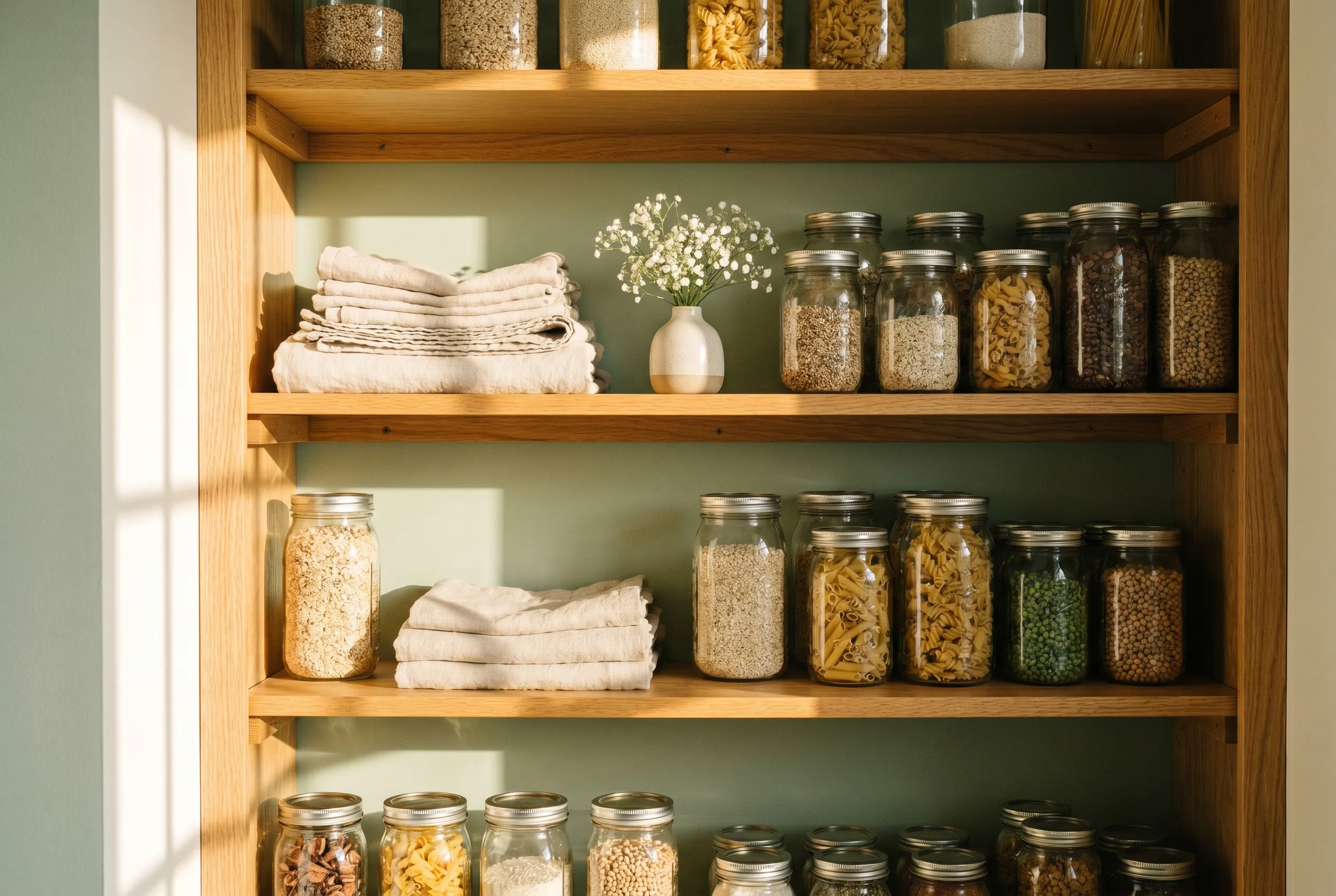 A sun-washed organized pantry shelf with linen, glass jars, and a vase of baby's breath