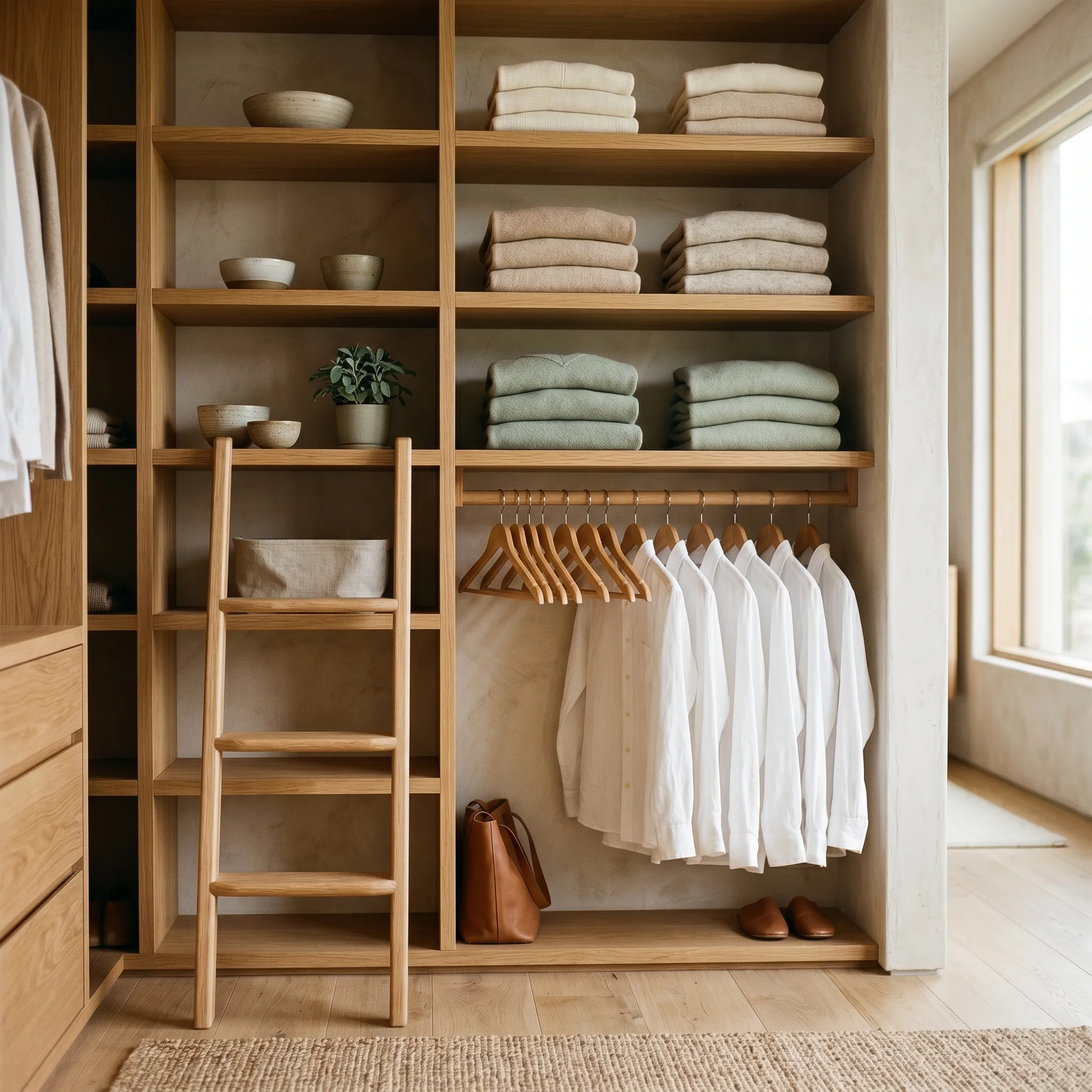 A perfectly organized closet with folded sweaters and wooden hangers