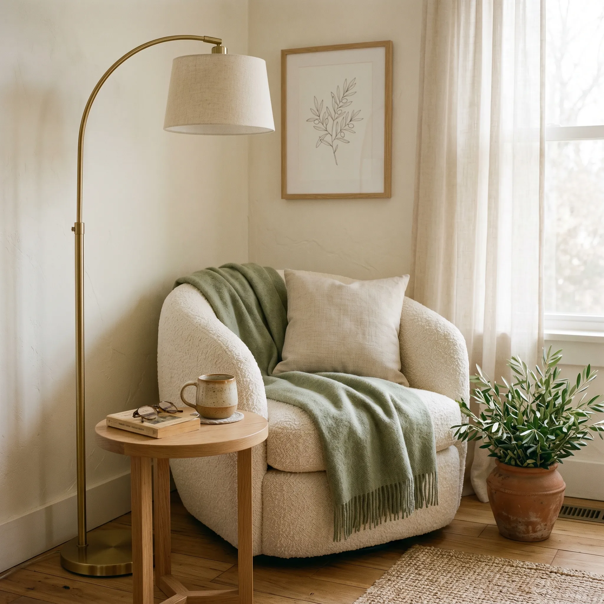 A cream boucle armchair in a styled reading nook