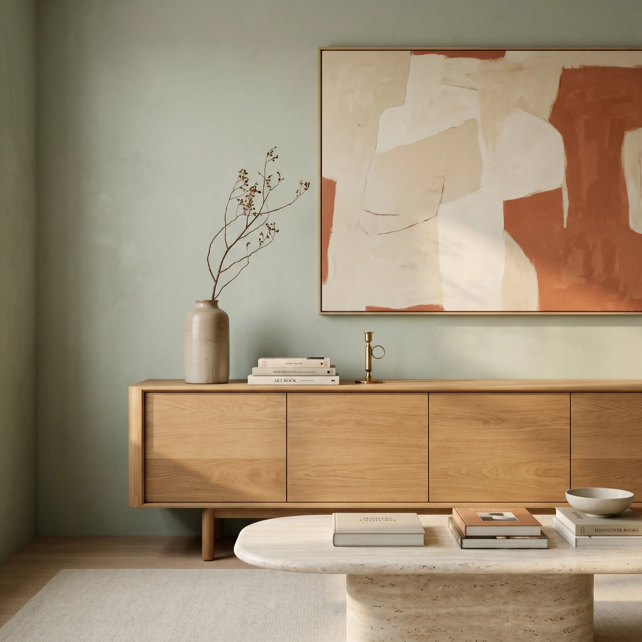 A designed living room with sage walls, an oak sideboard, and abstract art