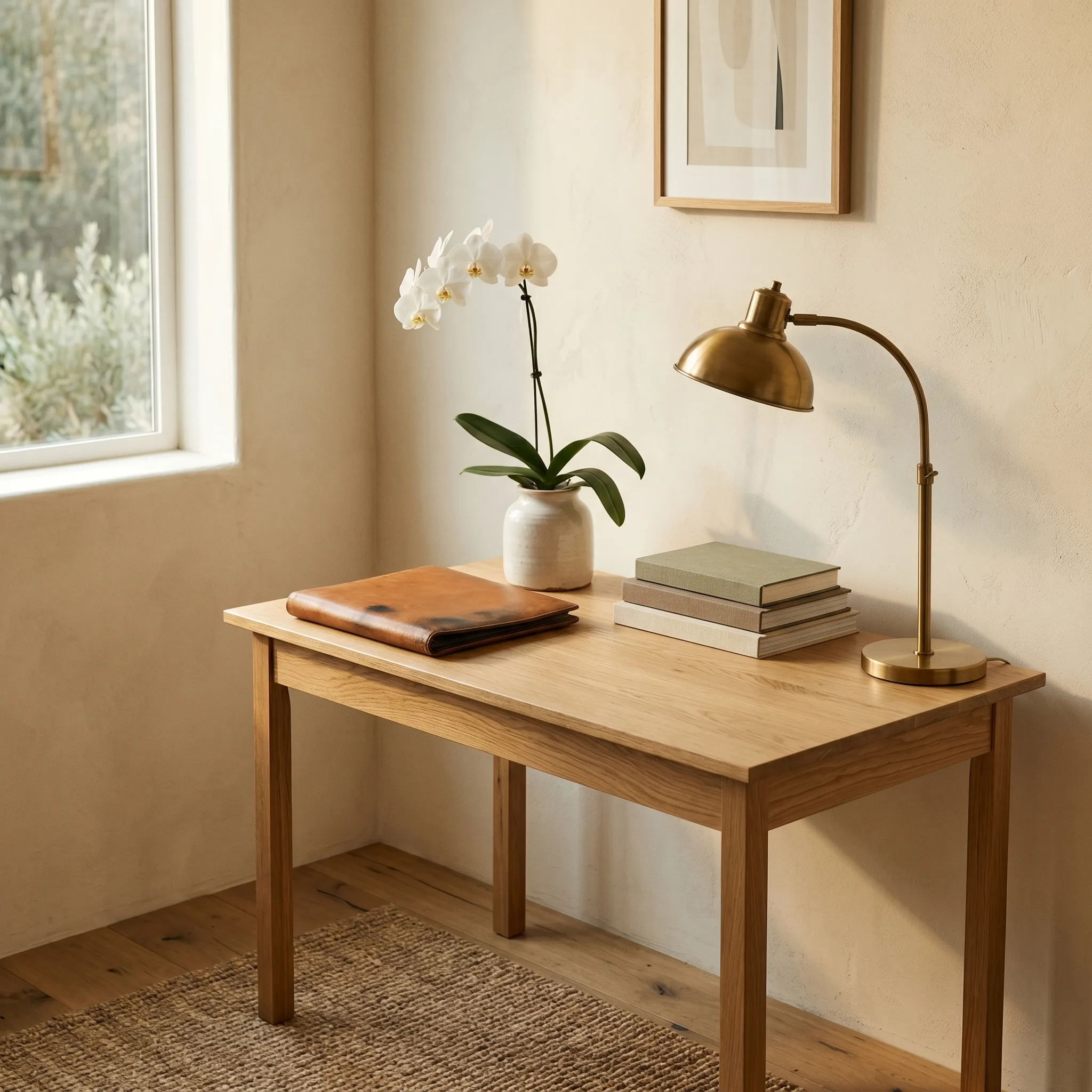 A calm minimalist home office with oak desk and brass lamp